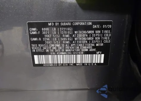 2020 Subaru Ascent Limited from USA, damaged, VIN 4S4WMALD6L3452438